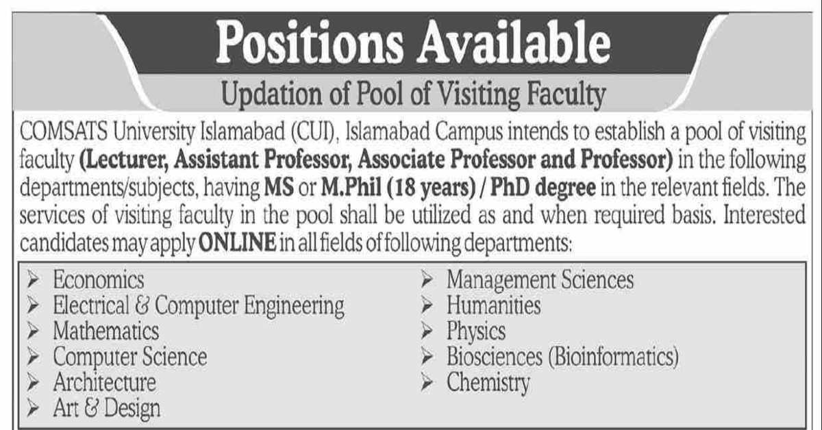Featured Image Comsats University Islamabad Cui Visiting Faculty Jobs 2023 Apply Online