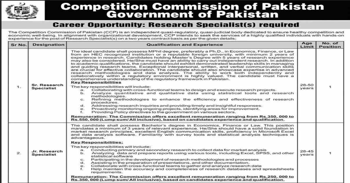 Featured Image Competition Commission Of Pakistan Ccp Jobs 2024 For Research Specialists