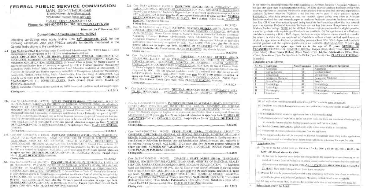 Featured Image Fpsc Jobs 2023 Consolidated Advertisement No 14/2023 Apply Online