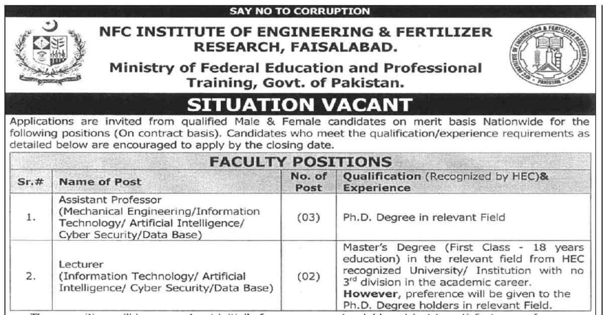 NFC Institute of Engineering and Fertilizer Research Faisalabad Faculty