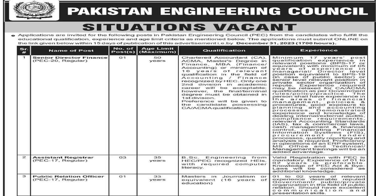 Featured Image Pakistan Engineering Council Pec Jobs December 2023