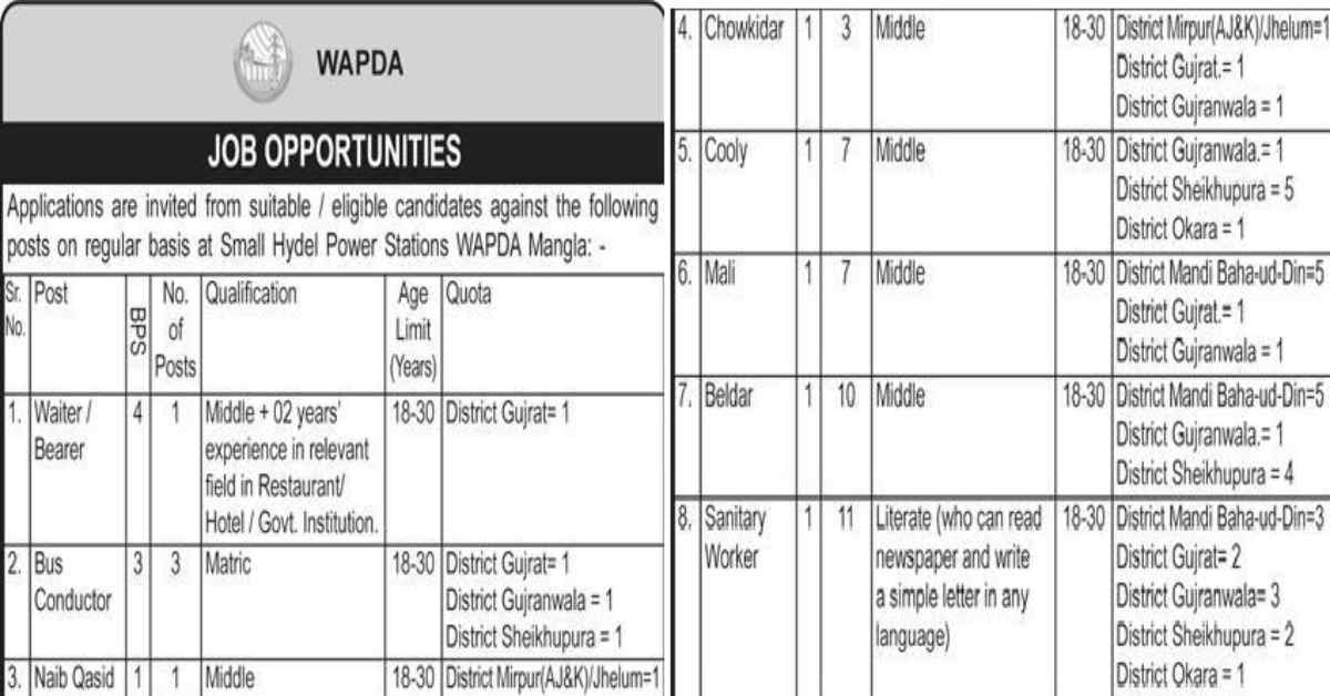 Featured Image Wapda Mangla Jobs 2023 For Gujrat Gujranwala Sheikhupura Okara Mandi Ajk Jhelum