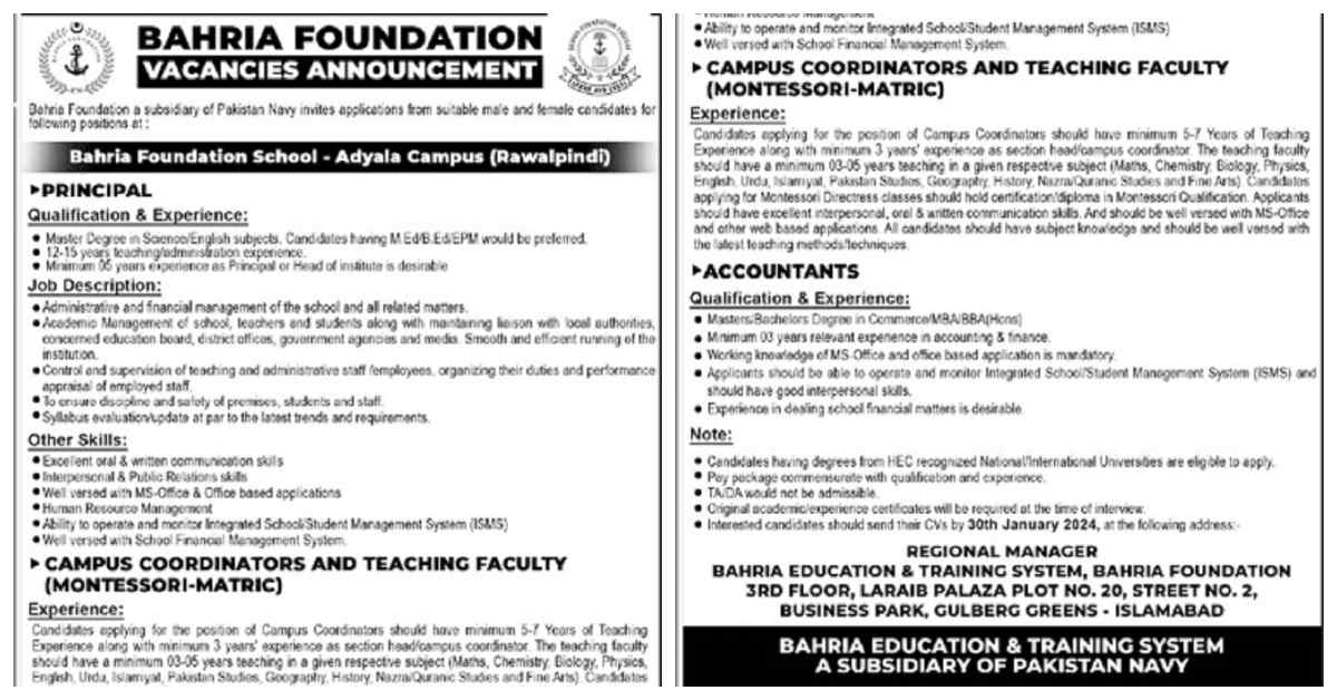 Featured Image Bahria Foundation School Adyala Campus Rawalpindi Jobs 2024