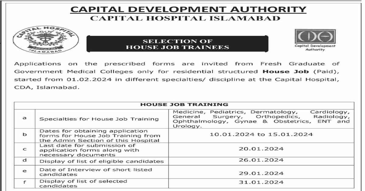 Featured Image Cda Hospital Islamabad Jobs 2024 House Job Trainees