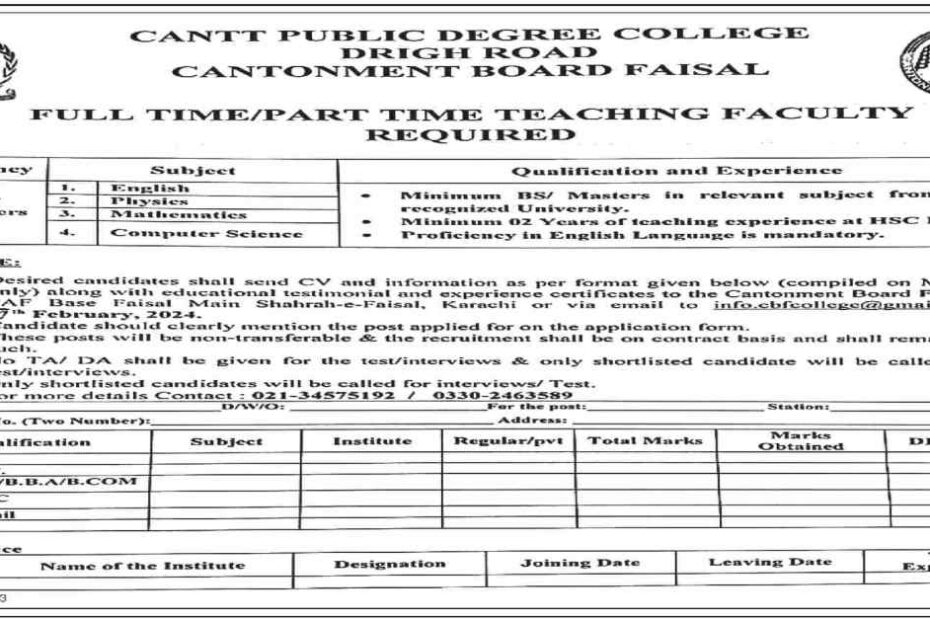 Featured Image Cantt Public Degree College Teaching Jobs 2024 Cantonment Board Faisal