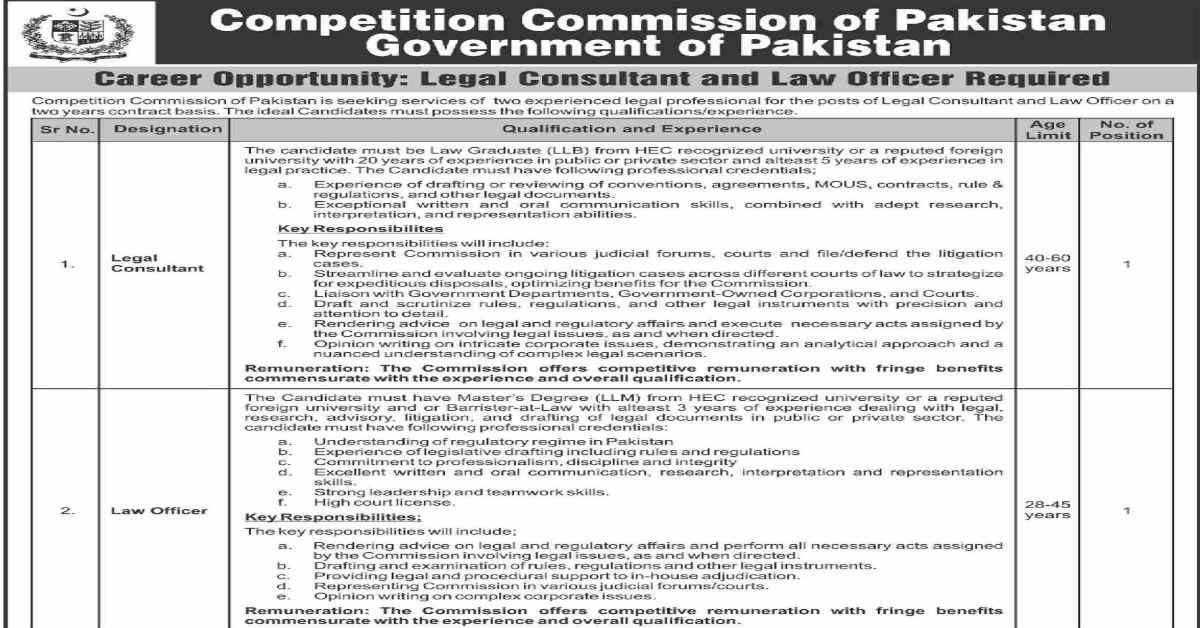 Featured Image Competition Commission Of Pakistan Ccp Jobs 2024 For Legal Consultant And Law Officer