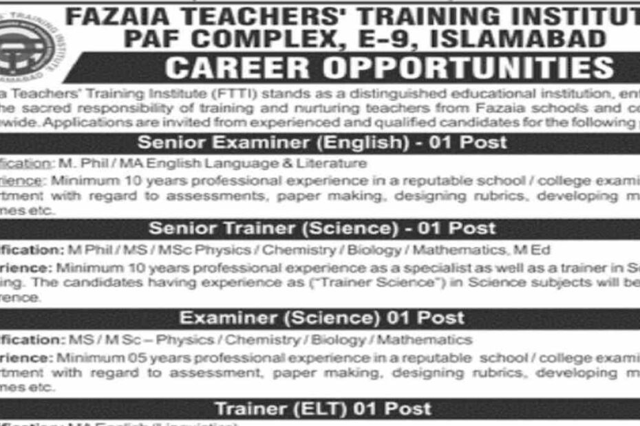Featured Image Fazaia Teaching Training Institute Paf Complex E9 Islamabad Jobs 2024