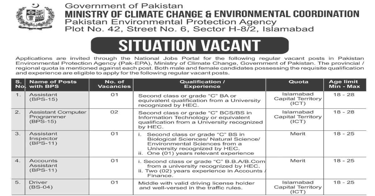 Featured Image Ministry Of Climate Change Jobs 2024 Pak-Epa Apply Online