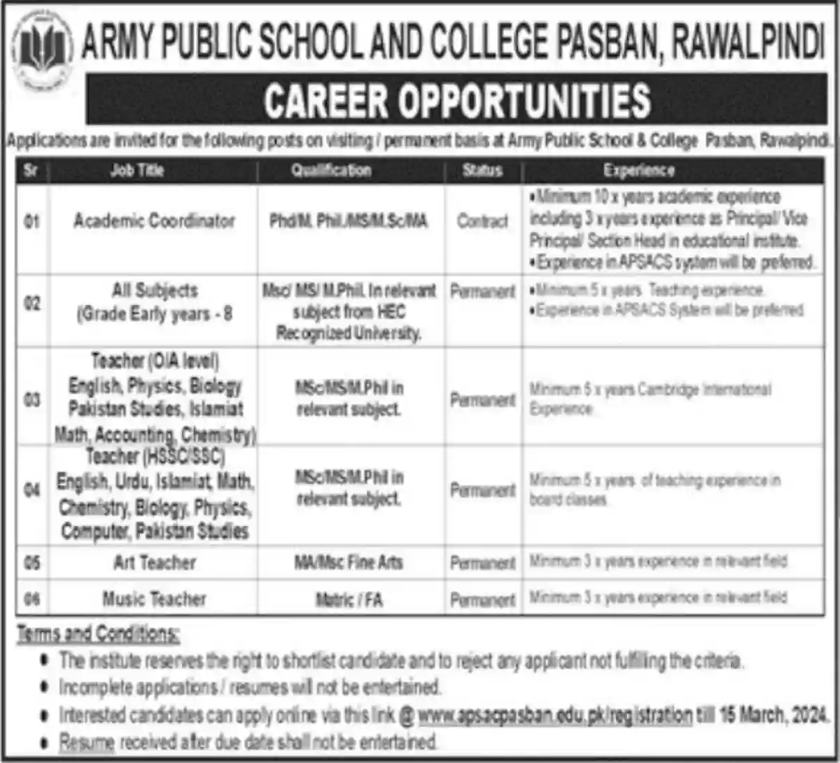 Army Public School And College Apsac Pasban Rawalpindi Job Opportunities 2024