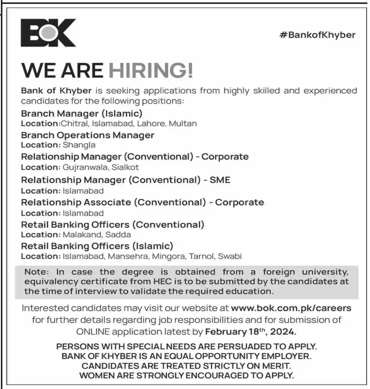 Bank Of Khyber Bok Career Opportunities 2024 Apply Online