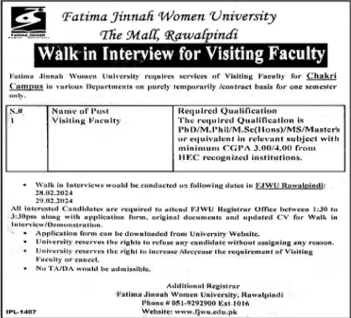 Fatima Jinnah Women University Fjwu Rawalpindi Jobs 2024 Walk-In Interviews