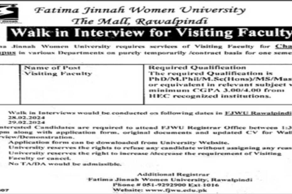 Featured Image Fatima Jinnah Women University Fjwu Rawalpindi Jobs 2024 Walk-In Interviews