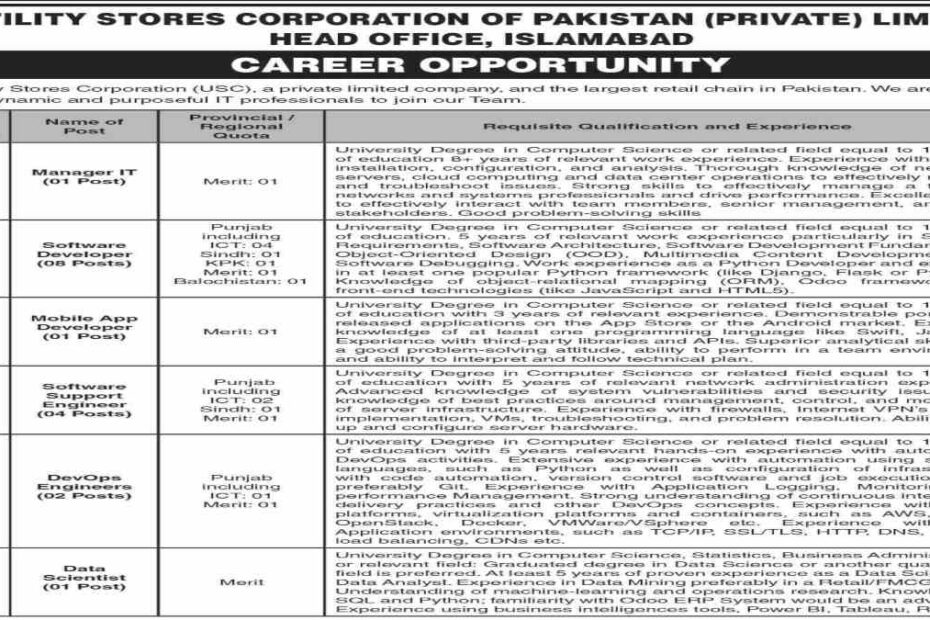 Featured Image Utility Stores Corporation Usc Of Pakistan It Jobs 2024 Islamabad