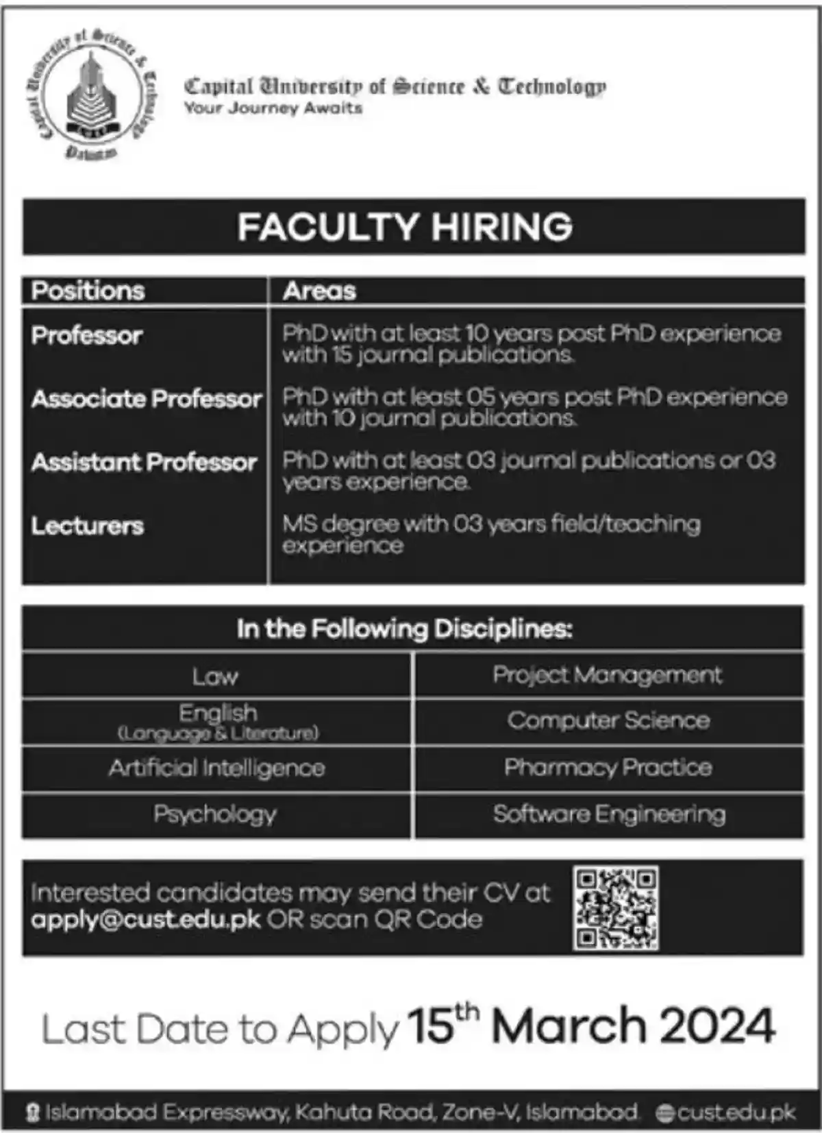 Capital University Of Science And Technology Cust University Jobs 2024 Apply Online