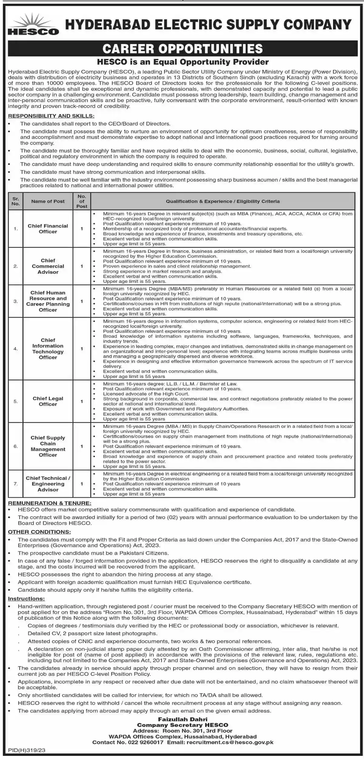 Hyderabad Electric Supply Company Hesco Jobs March 2024