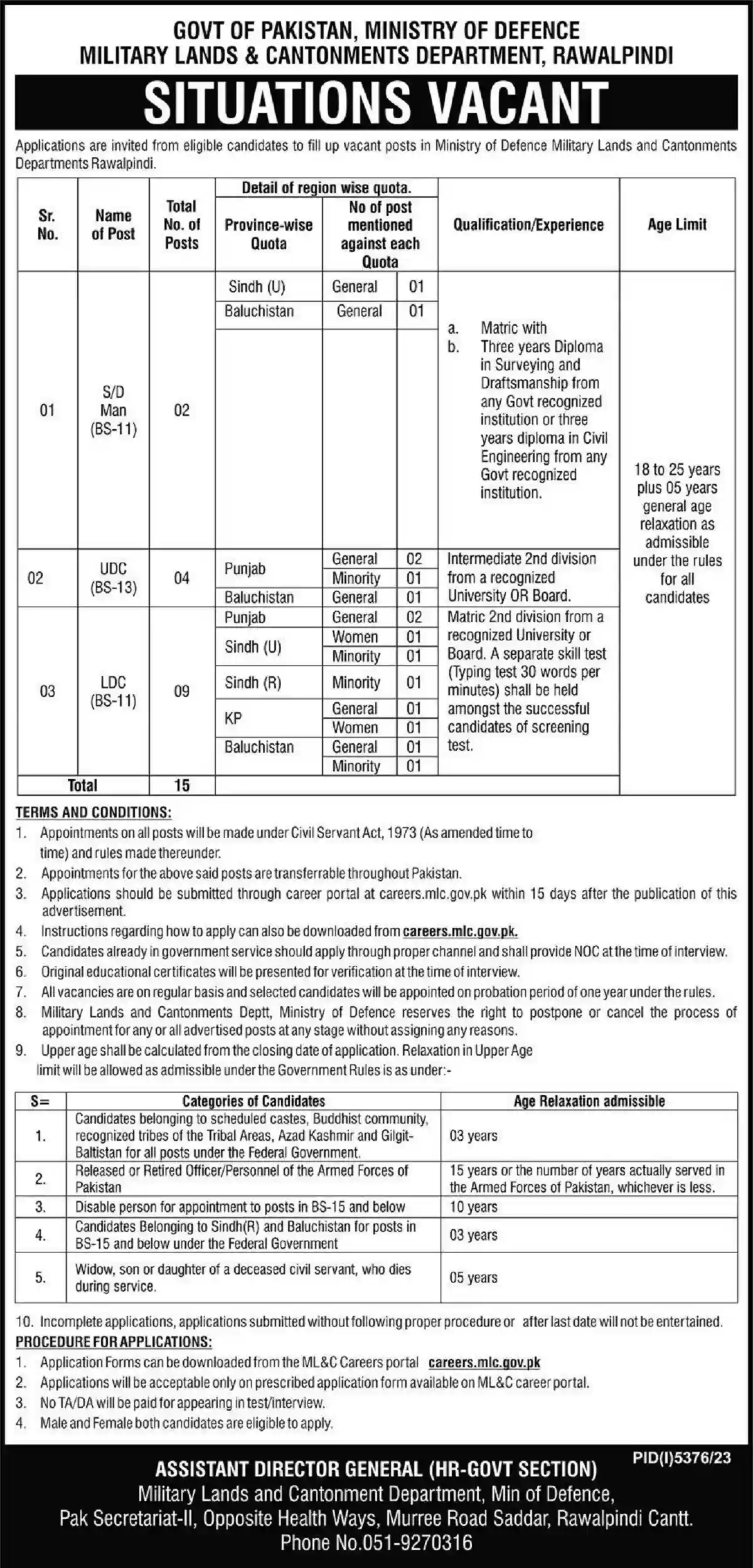 Military Lands And Cantonments Department Mlc Rawalpindi Jobs March 2024