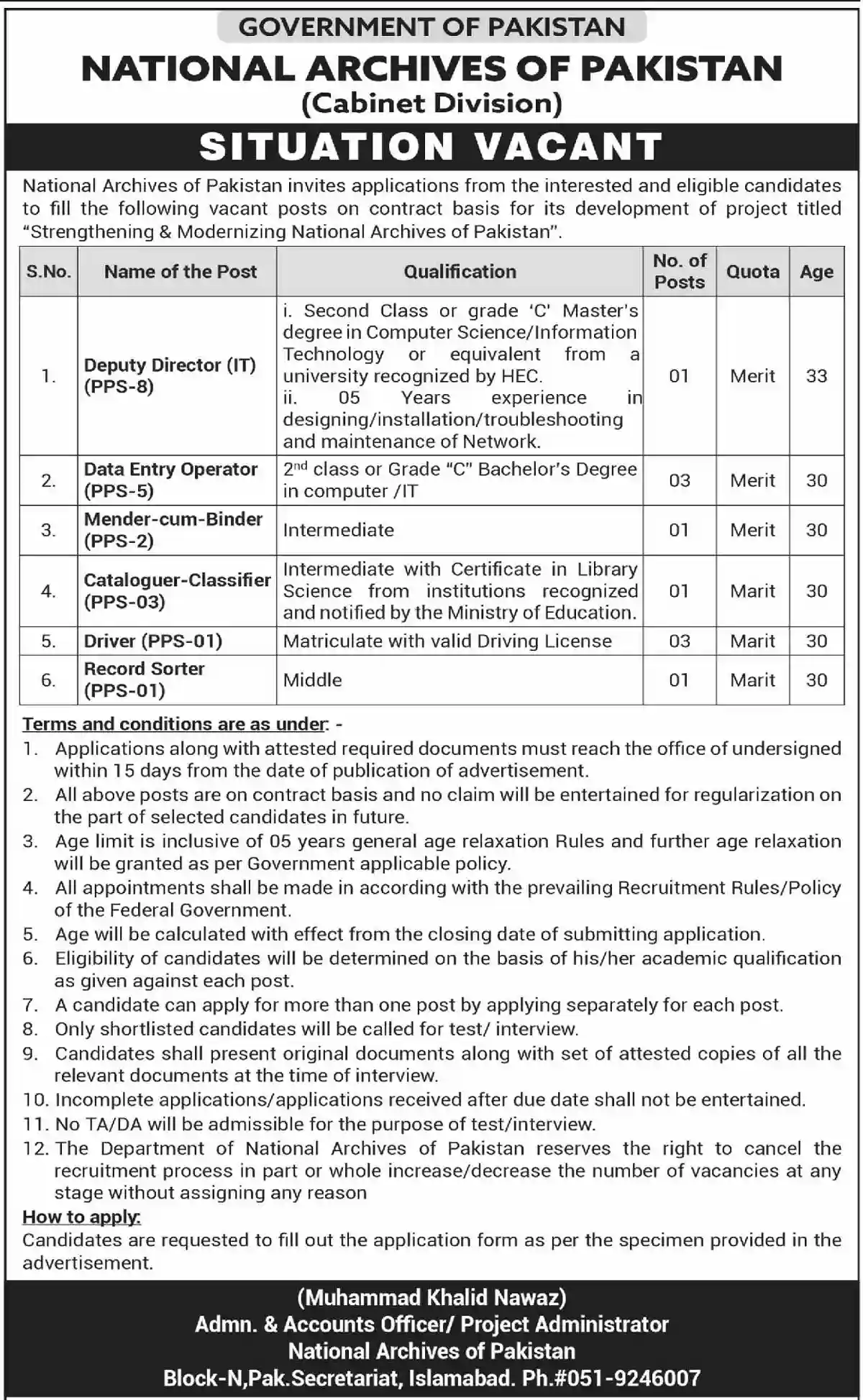 National Archives Of Pakistan Jobs 2024 Cabinet Division