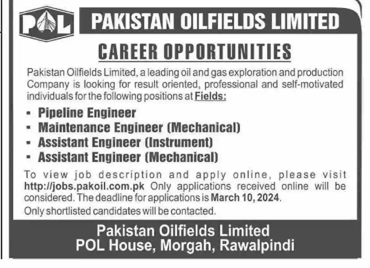 Pakistan Oilfields Limited Pol Jobs March 2024 For Engineers